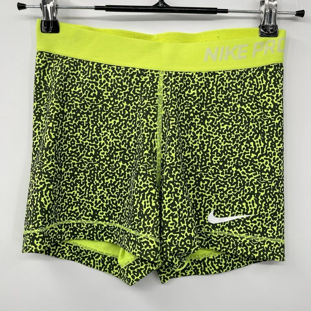 Nike M Pro Shorts Womens Neon Yellow Black‎ Leopard Print Dri-FIT Athletic 3 in